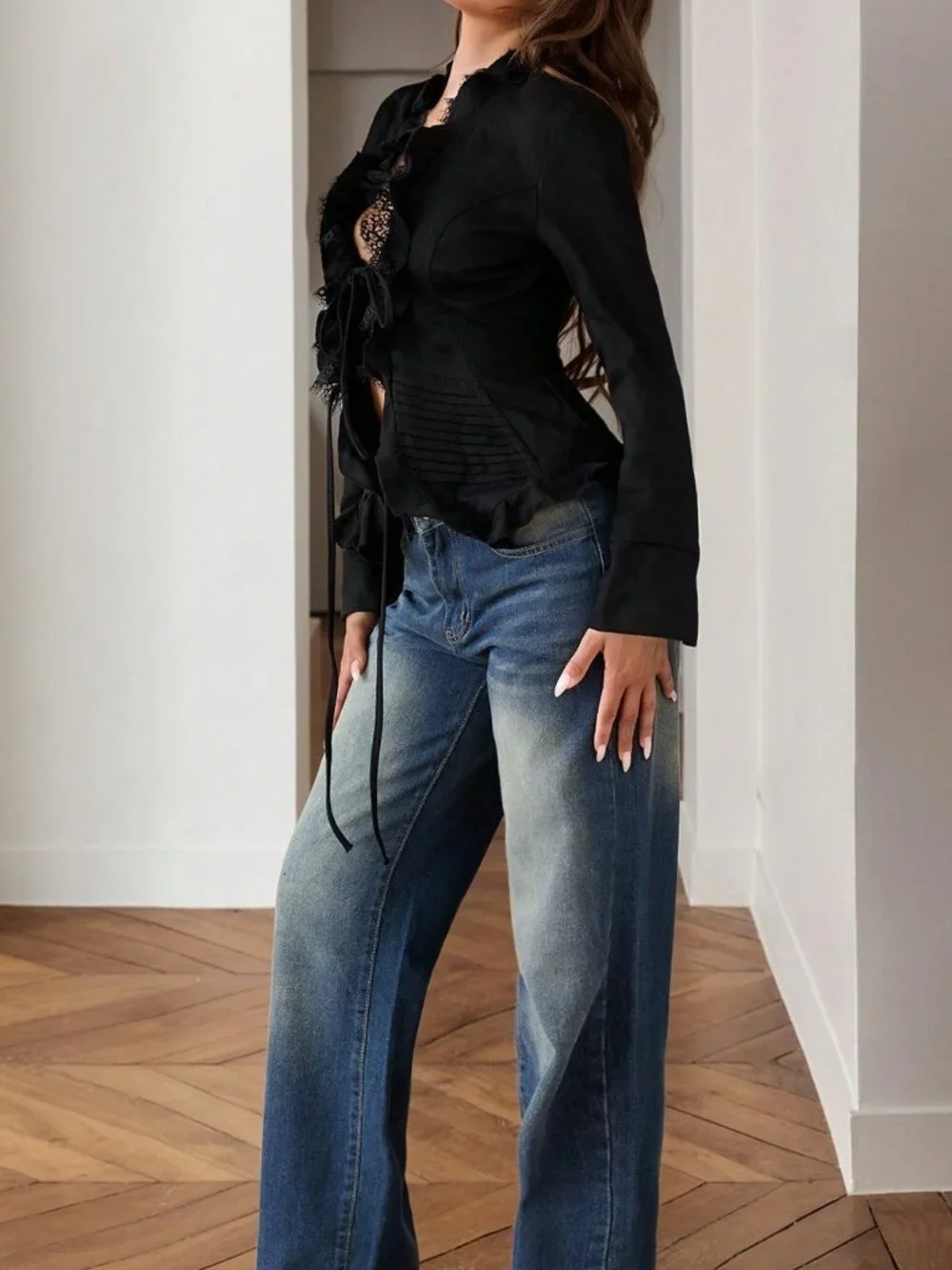 Black Sexy Women's Lace Patchwork Casual Long Sleeve Jacket